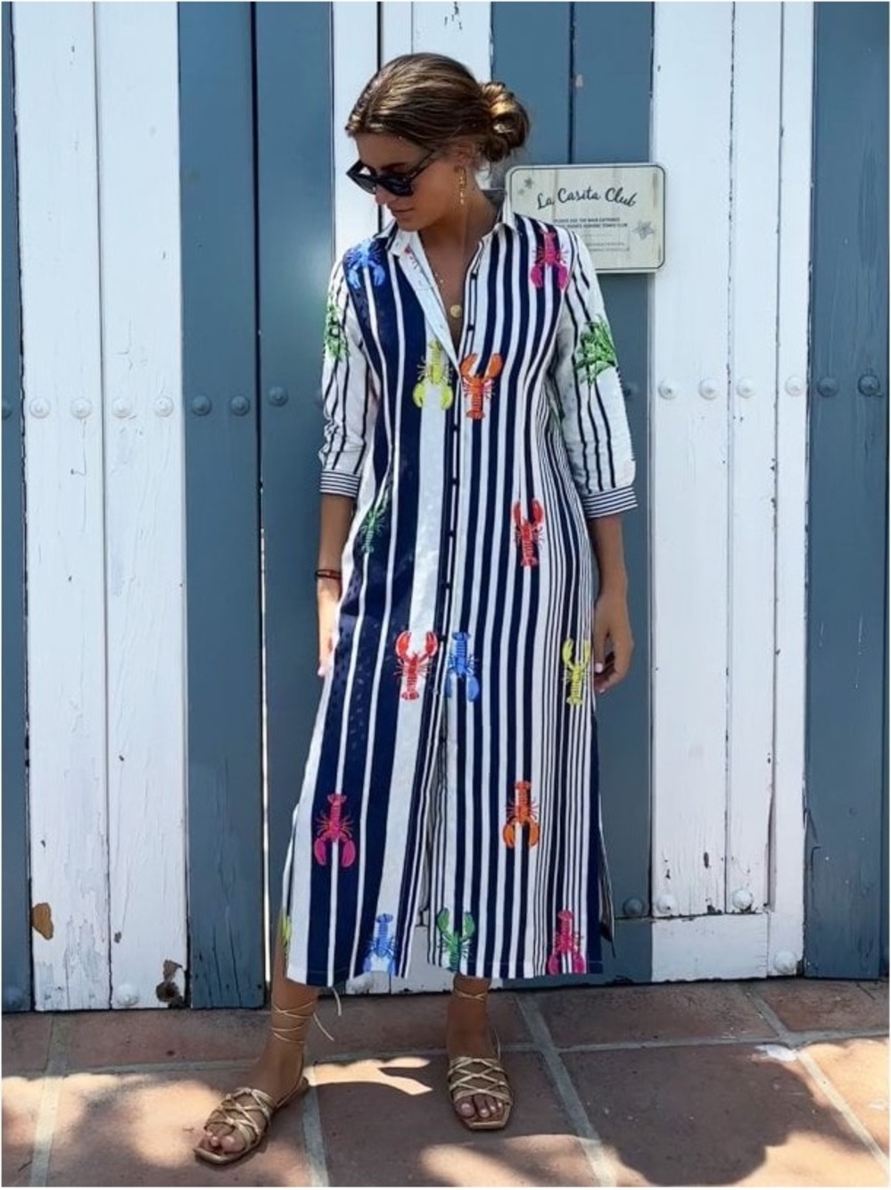 Vilagallo Navy & White Striped Dress with Multicolor Motifs
